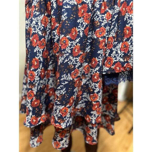 A Beautiful Soul Boho Floral Dress L Navy Red Bell Sleeve Flowy - Picture 9 of 10